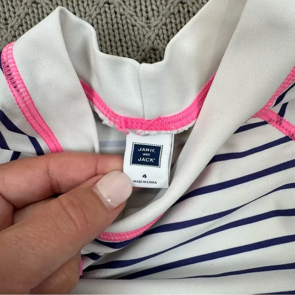Janie and Jack Striped Kids Swim Top Rash Guard with Pink Accents ~ 4